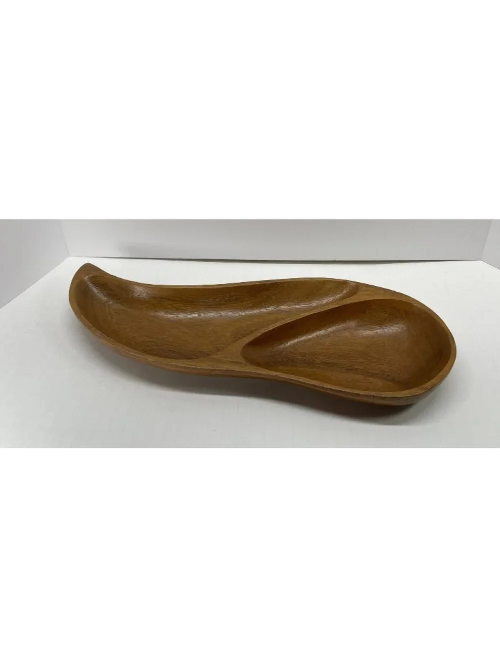 Vintage MCM Hand Carved Wood Divided Tear Drop Dish Bowl Large Teak Teardrop 60s